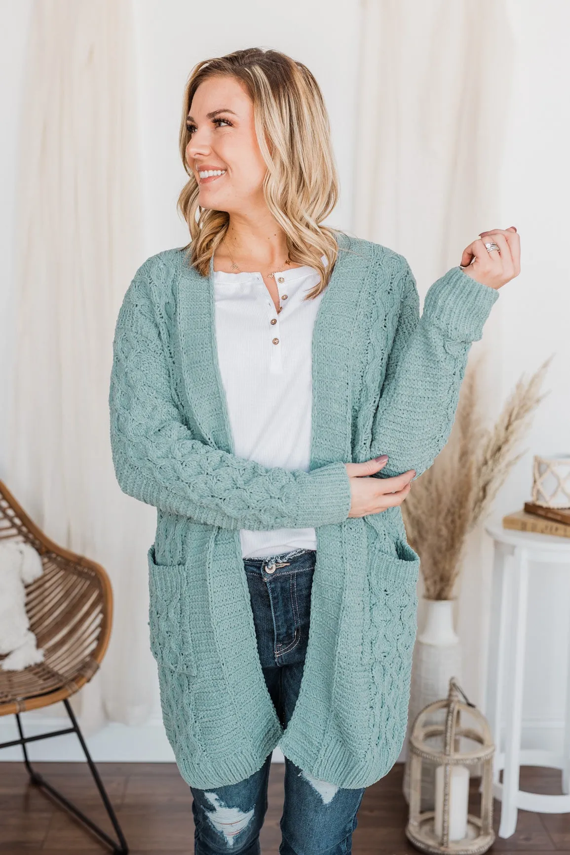 Feeling Chilly Knitted Cardigan- Dusty Teal