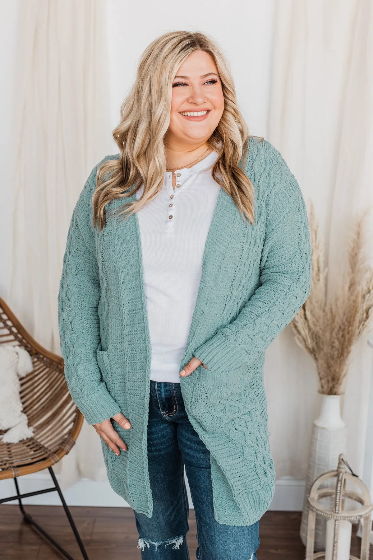 Feeling Chilly Knitted Cardigan- Dusty Teal