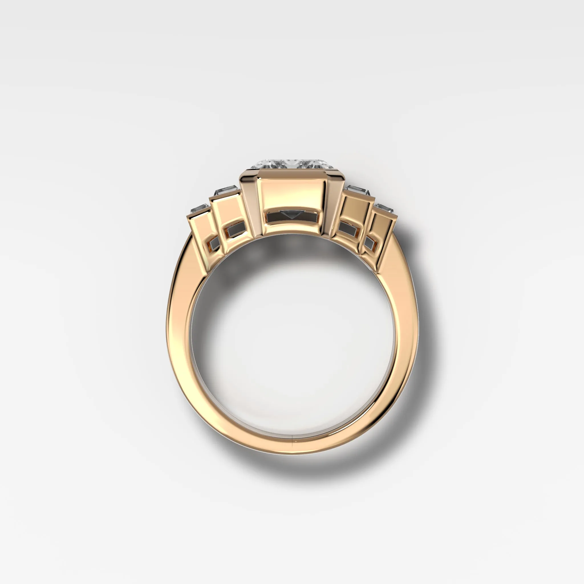 Five Stone Engagement Ring with Half Bezel Baguette Side Stones and Bezel Set Emerald Cut Diamond