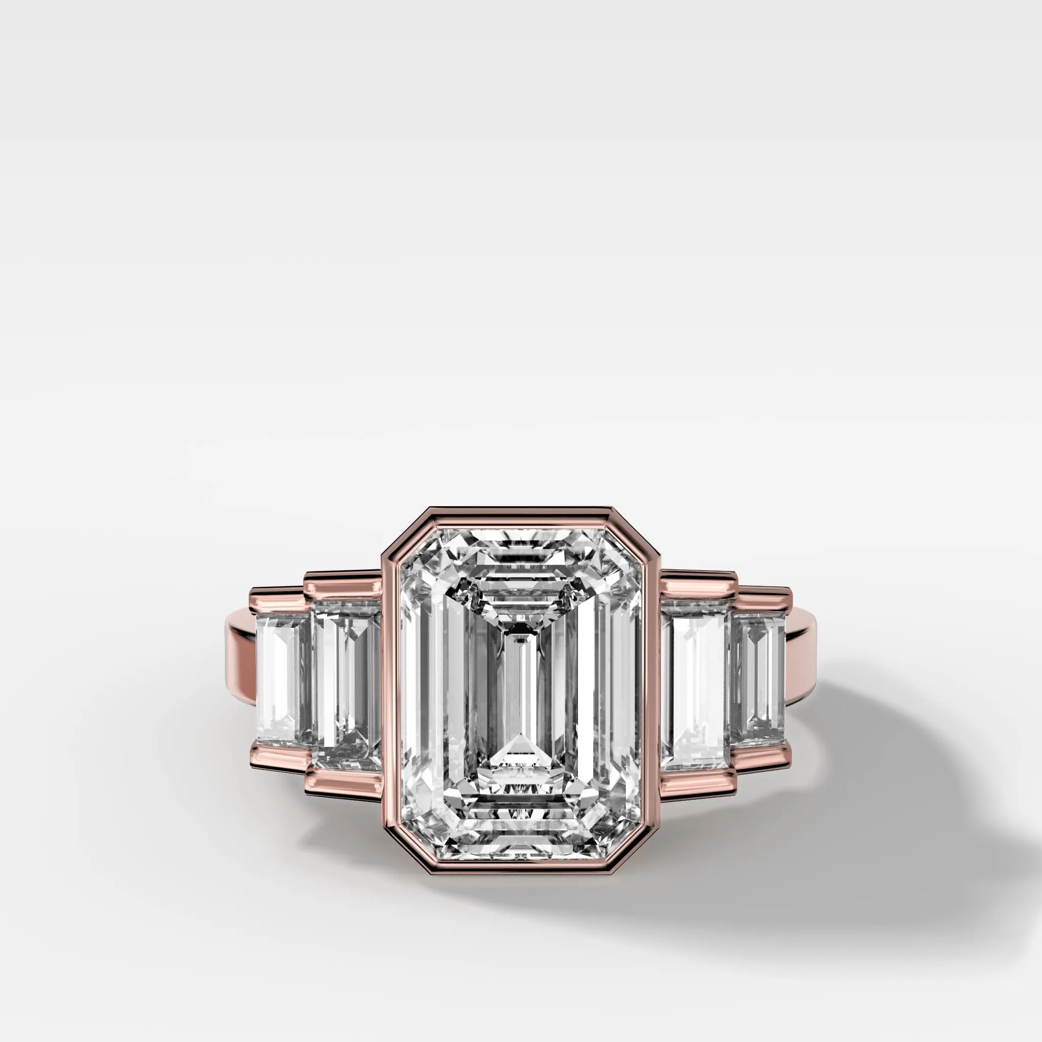 Five Stone Engagement Ring with Half Bezel Baguette Side Stones and Bezel Set Emerald Cut Diamond