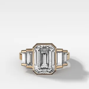 Five Stone Engagement Ring with Half Bezel Baguette Side Stones and Bezel Set Emerald Cut Diamond