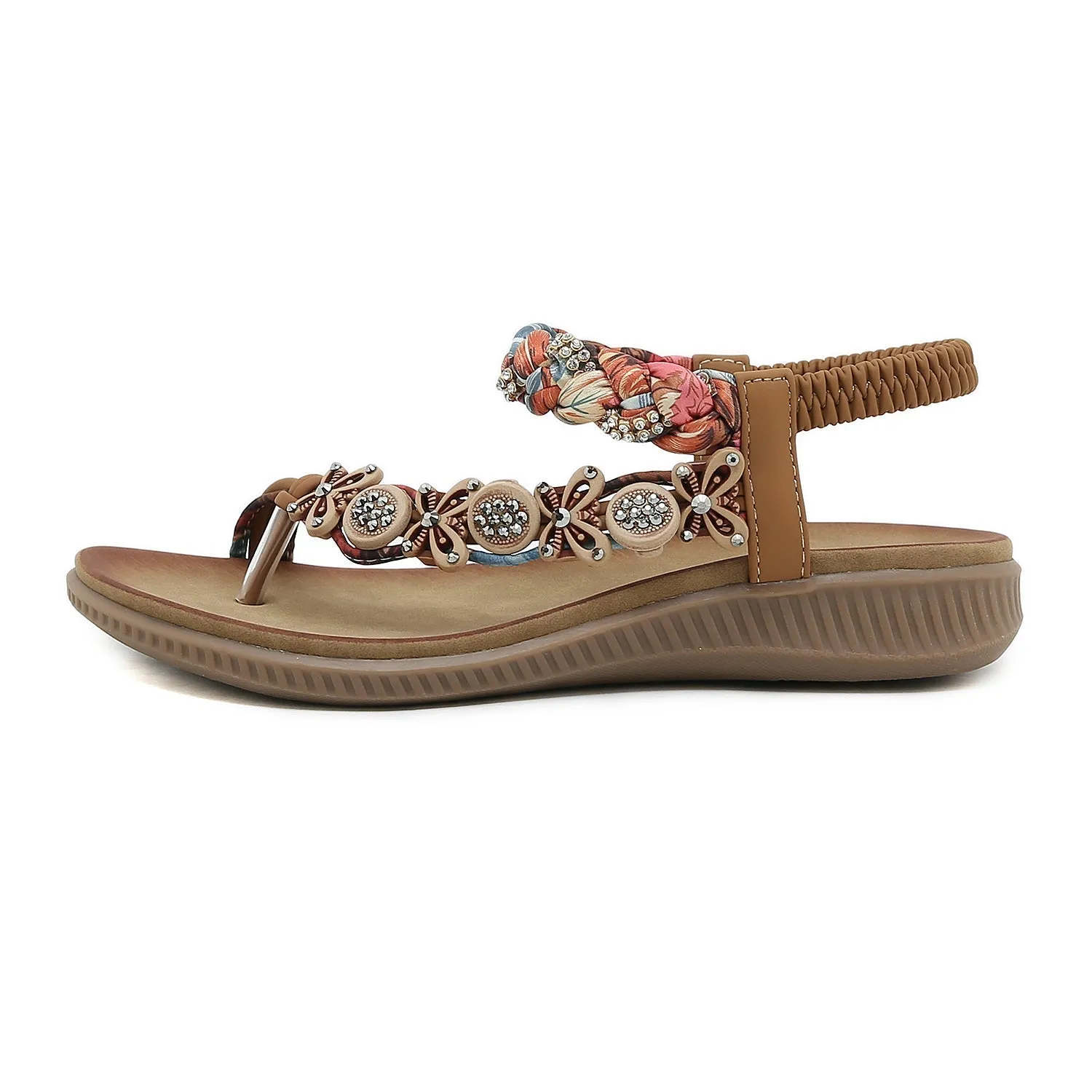 Floral Bead Braided Asymmetrical Sandal - Khaki