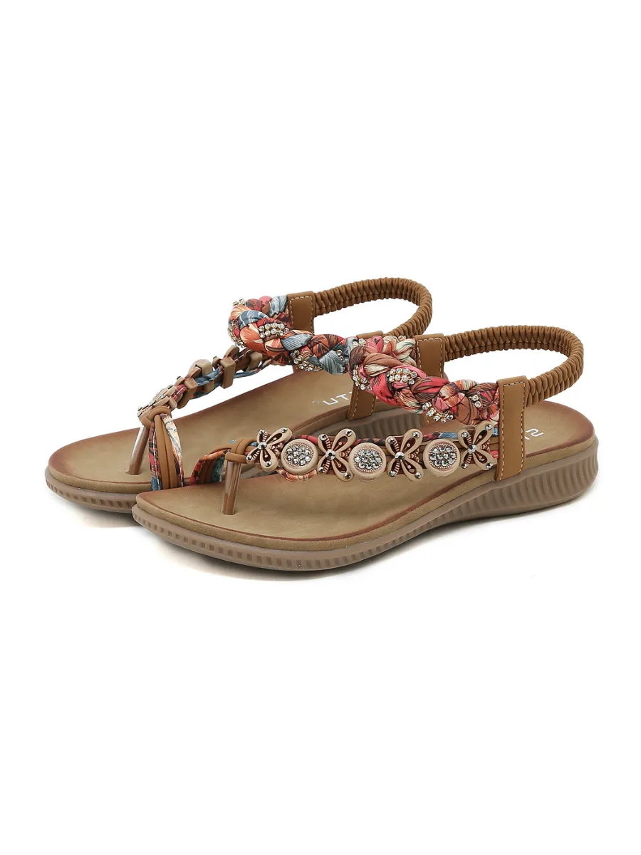 Floral Bead Braided Asymmetrical Sandal - Khaki