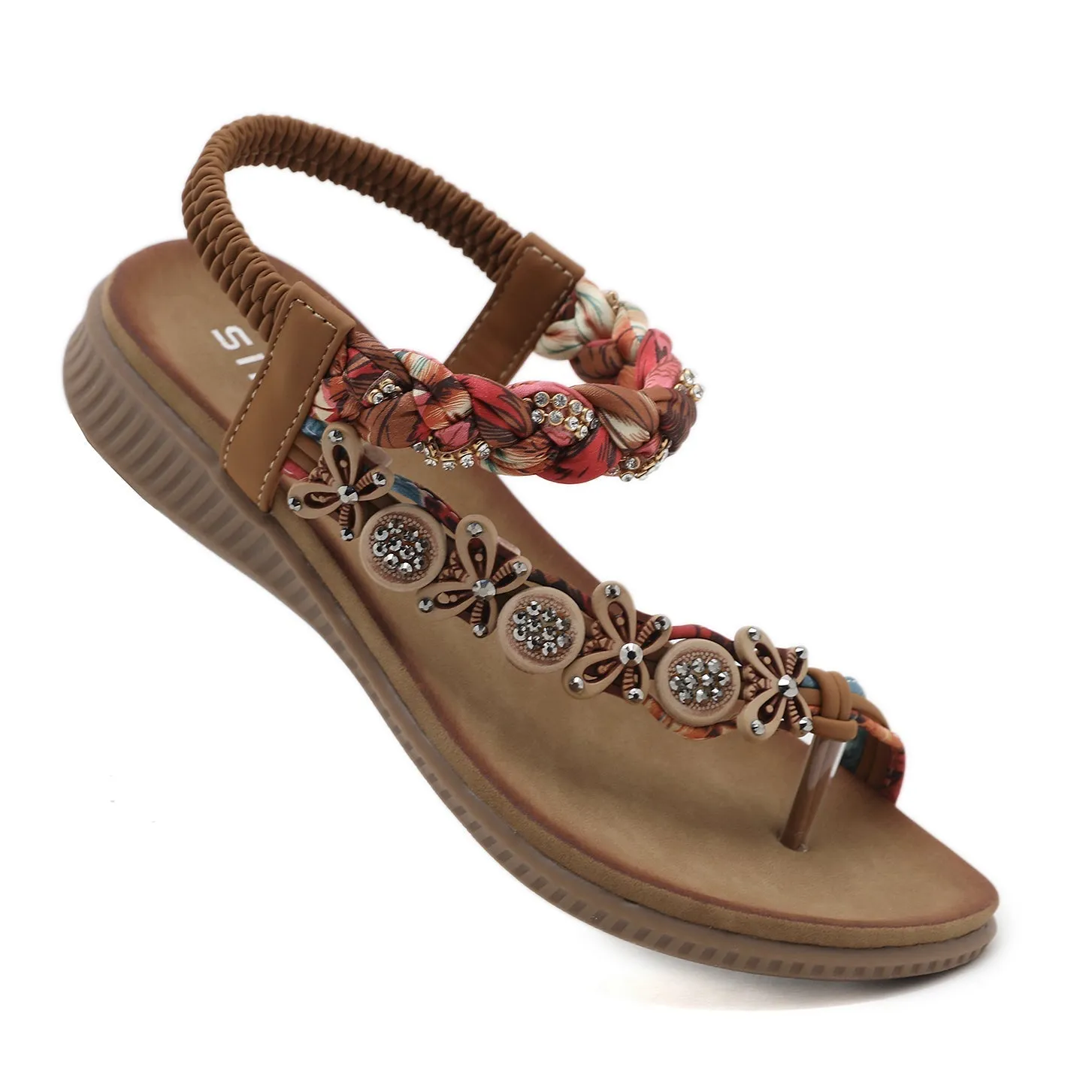 Floral Bead Braided Asymmetrical Sandal - Khaki