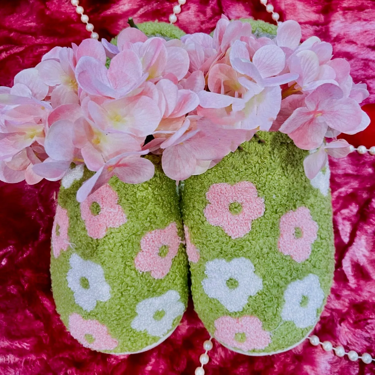 Flower Girl Green Floral Slippers