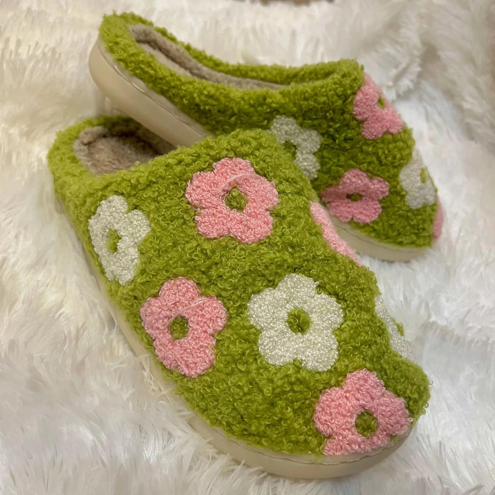 Flower Girl Green Floral Slippers