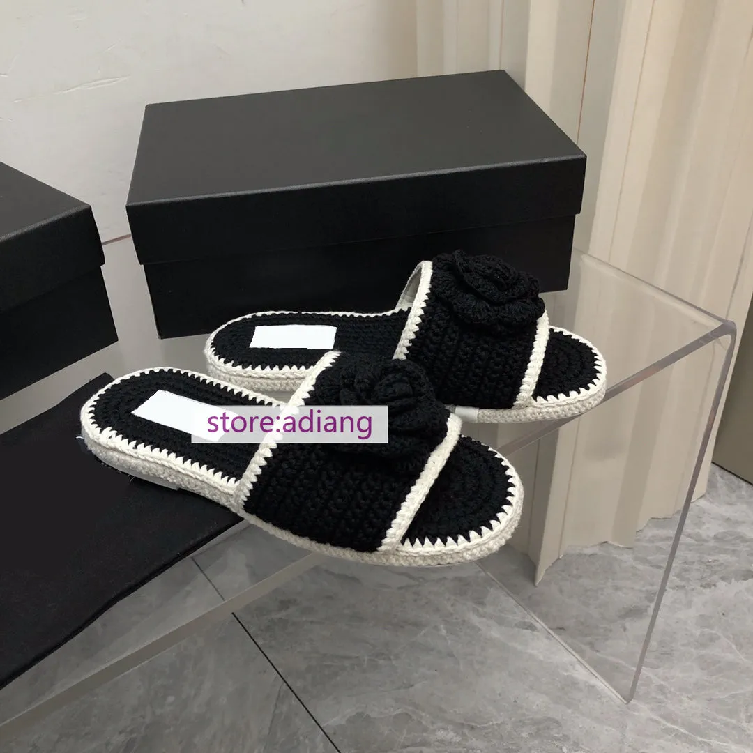 flower knitted slippers flats grace fashion shoes women 2023 black white high quality