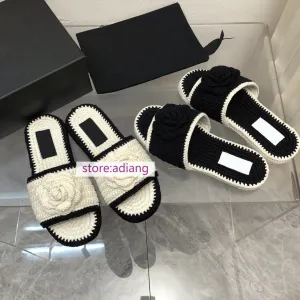 flower knitted slippers flats grace fashion shoes women 2023 black white high quality
