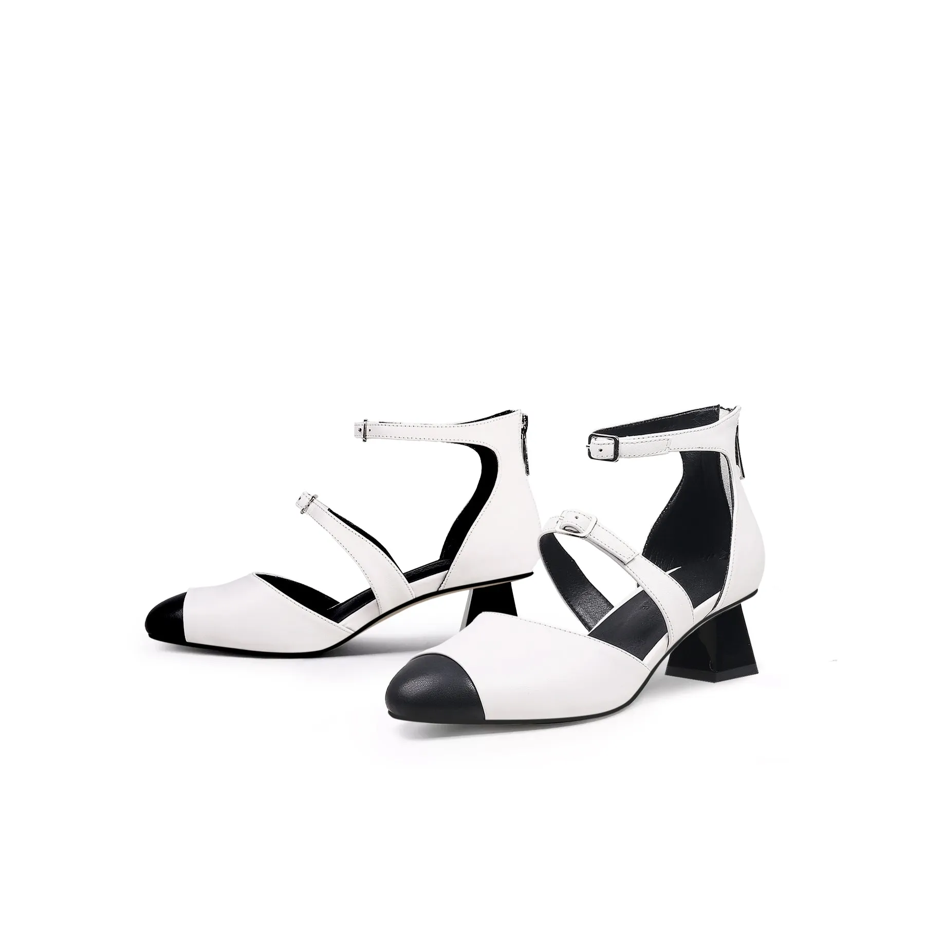 Genuine Leather  Block Color Equilateral Trapezoid Heeled Sandal - Cream