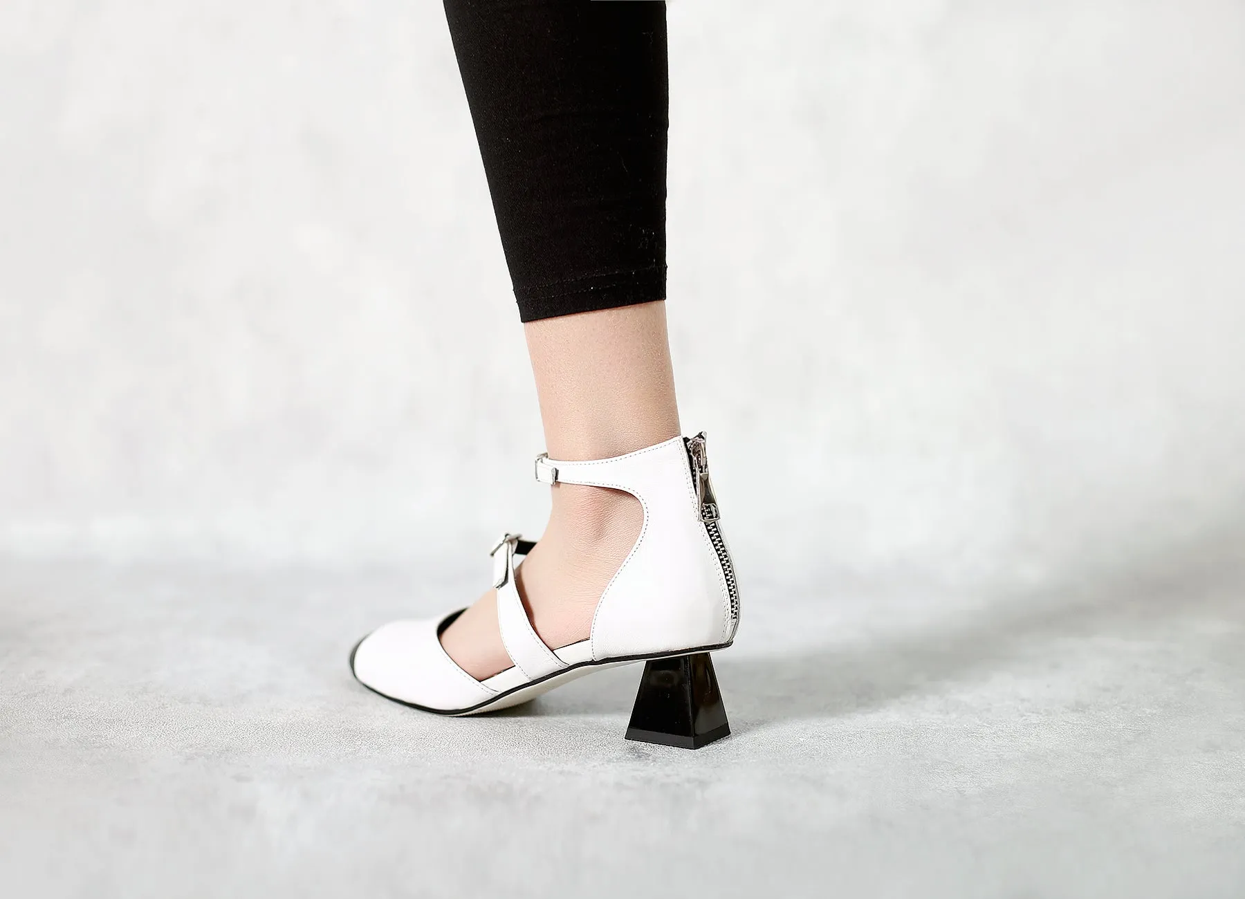 Genuine Leather  Block Color Equilateral Trapezoid Heeled Sandal - Cream