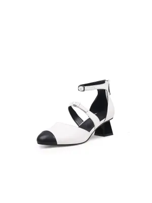 Genuine Leather  Block Color Equilateral Trapezoid Heeled Sandal - Cream