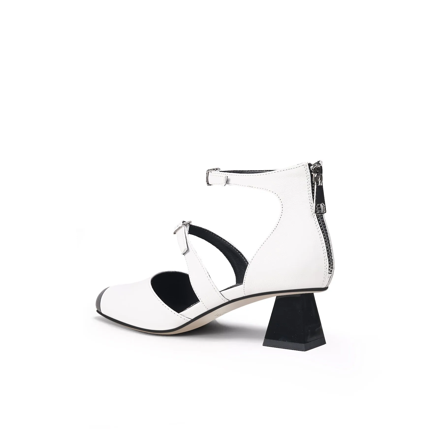Genuine Leather  Block Color Equilateral Trapezoid Heeled Sandal - Cream