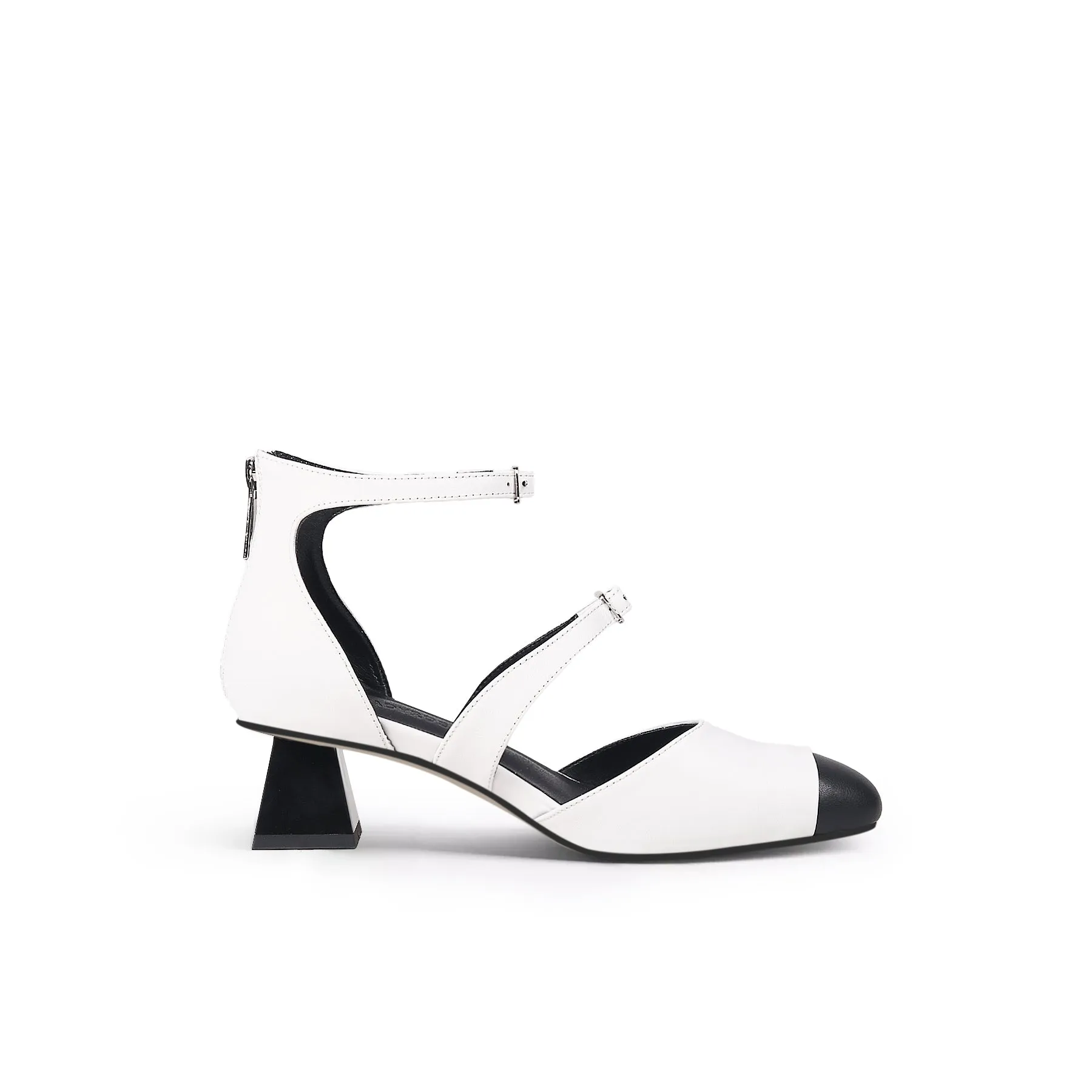 Genuine Leather  Block Color Equilateral Trapezoid Heeled Sandal - Cream