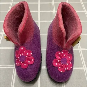 Girls Wool Felted Slippers Purple Pink 8&quot; Youth (4-7 years) Non-slip Soles