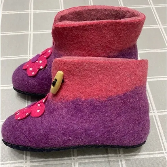Girls Wool Felted Slippers Purple Pink 8&quot; Youth (4-7 years) Non-slip Soles