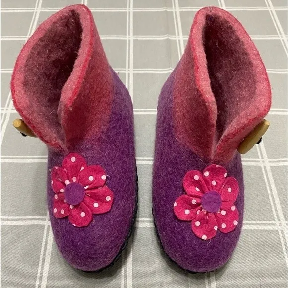 Girls Wool Felted Slippers Purple Pink 8&quot; Youth (4-7 years) Non-slip Soles