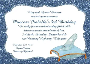 GLASS SLIPPER ON PILLOW AND GLITTER CUSTOM INVITATION