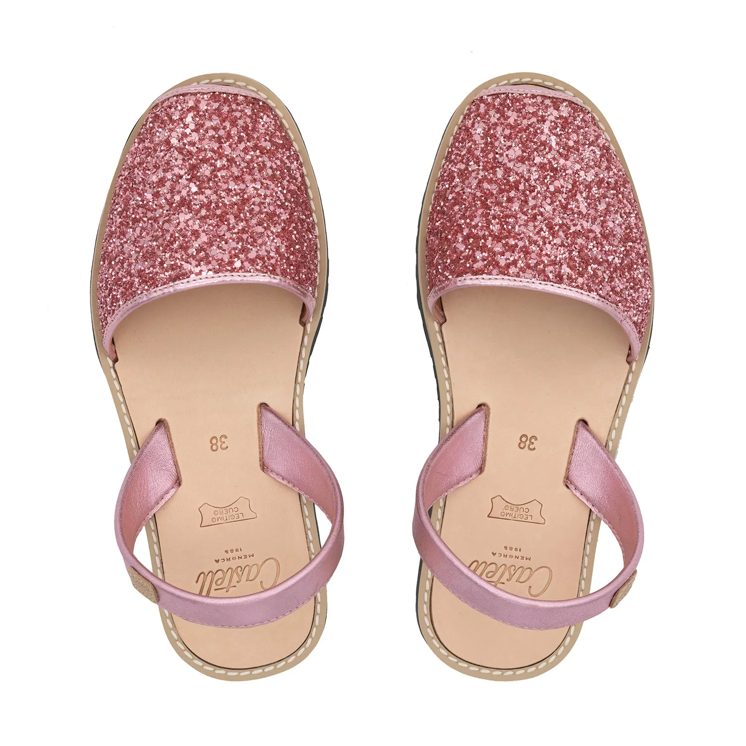Glitter Leather Open Toe Menorcan Sandal For Women - Madona 1056 Glitter Rosado