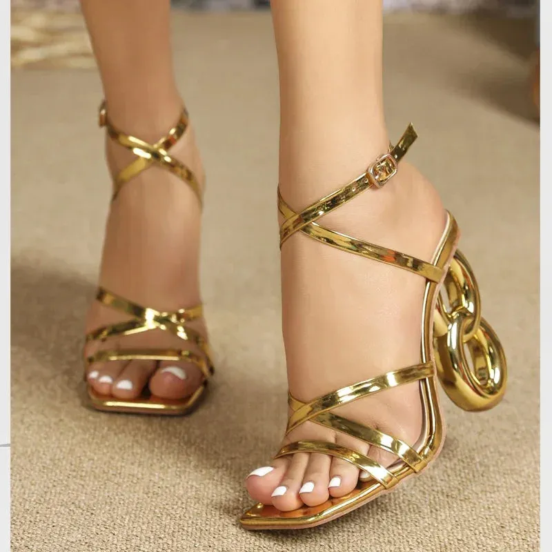 Golden Narrow Band Square Sandals
