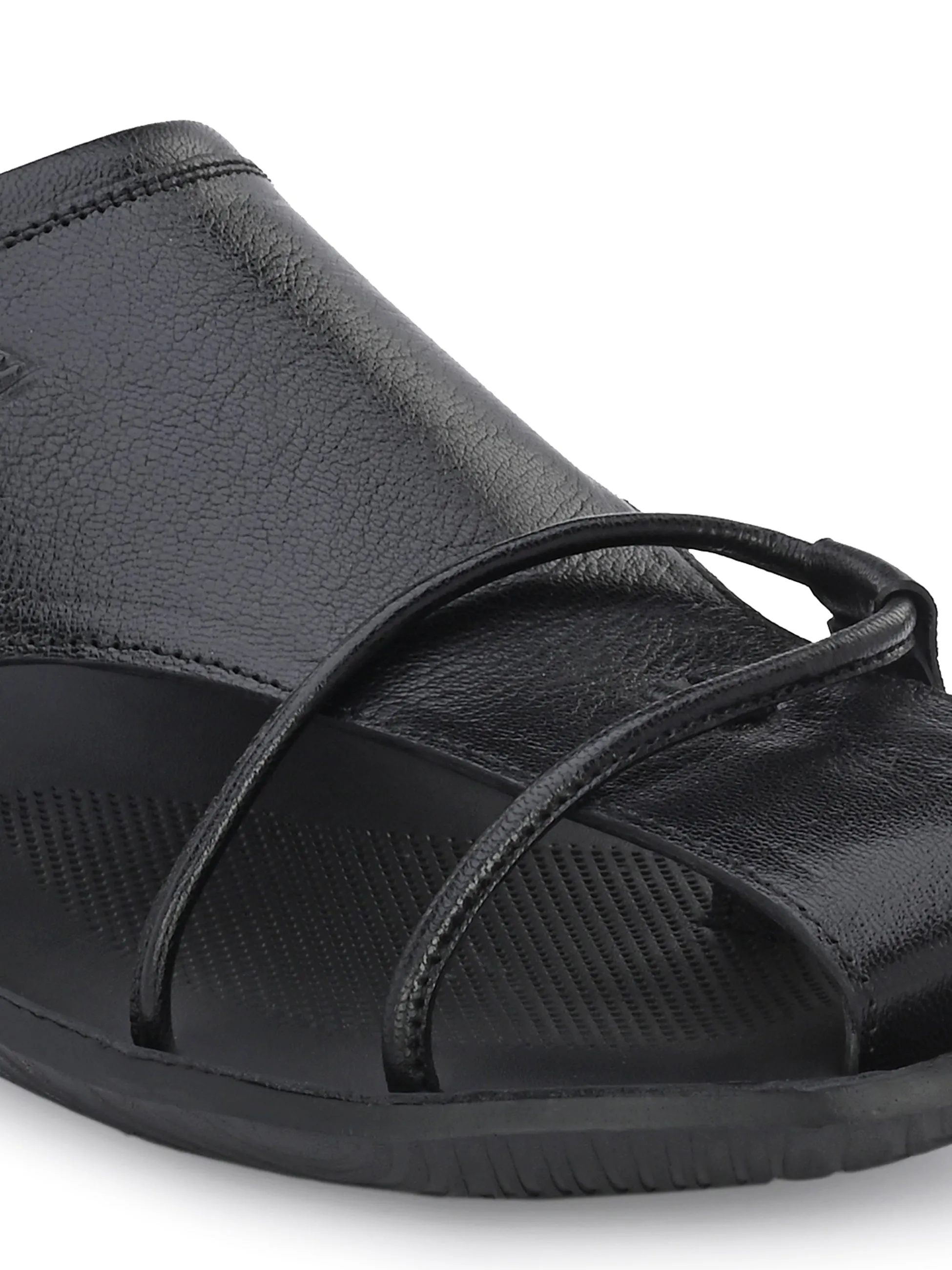 Hitz Men's Black Leather Indoor Outdoor Comfort Slippers