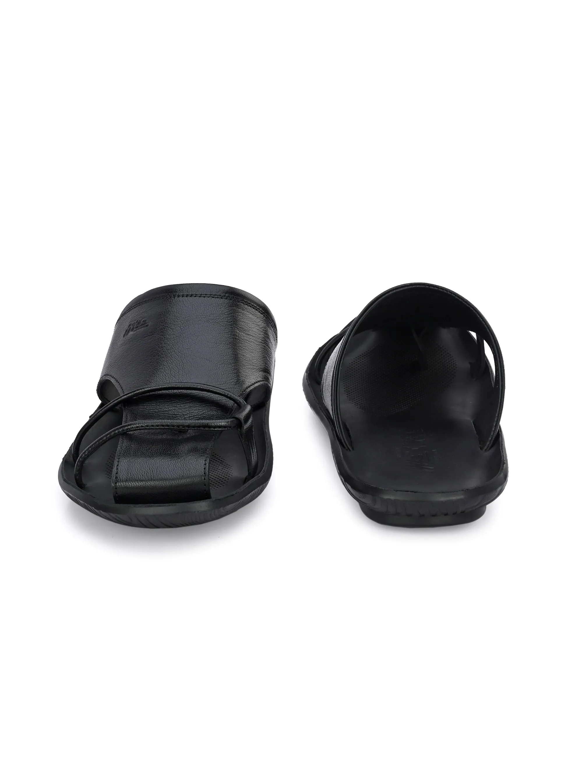 Hitz Men's Black Leather Indoor Outdoor Comfort Slippers