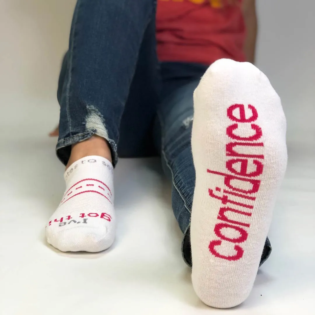 I've got this - confidence™ white LITE-NOTES™ socks with bold pink words