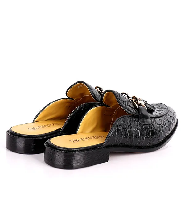 John Foster Square Pattern Tassel Horsebit Mules| Black