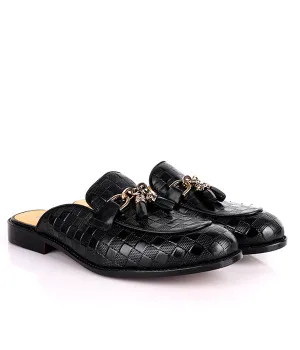 John Foster Square Pattern Tassel Horsebit Mules| Black