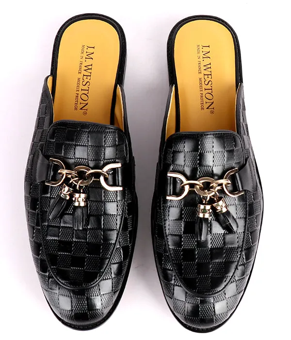 John Foster Square Pattern Tassel Horsebit Mules| Black
