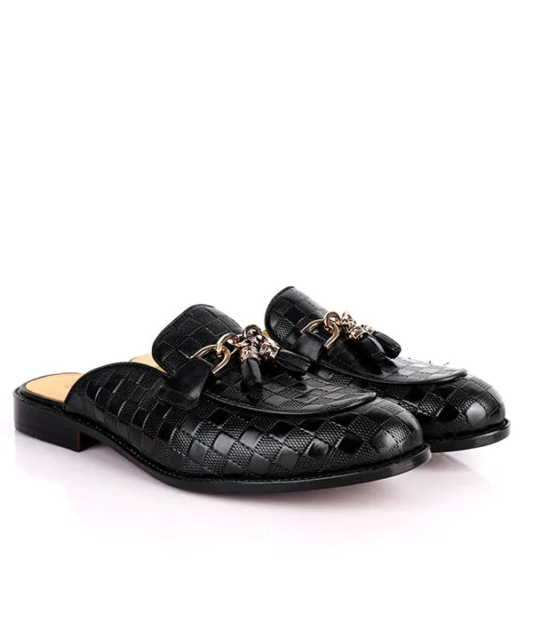 John Foster Square Pattern Tassel Horsebit Mules| Black