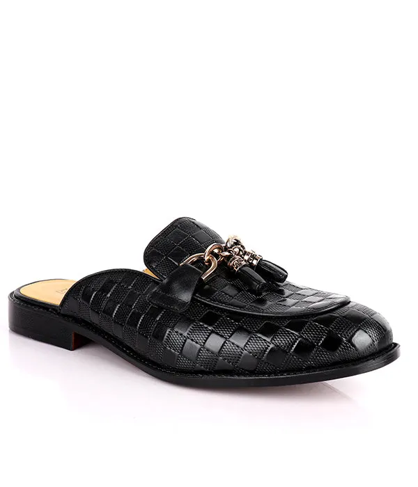 John Foster Square Pattern Tassel Horsebit Mules| Black