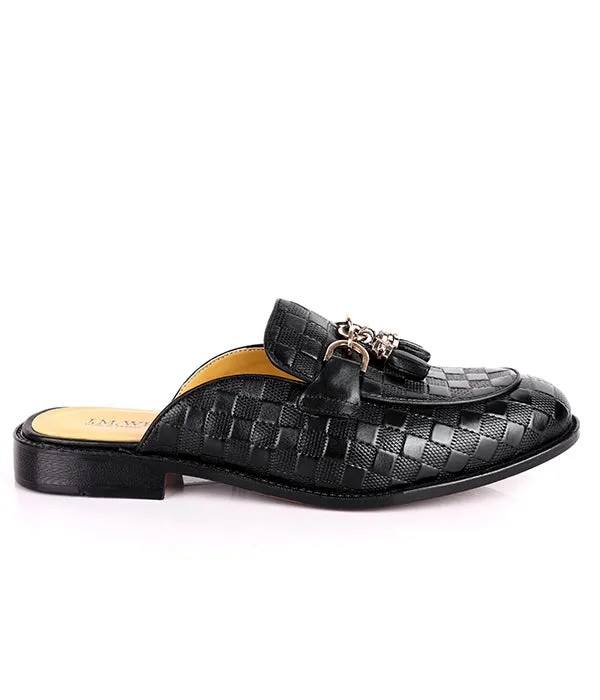 John Foster Square Pattern Tassel Horsebit Mules| Black