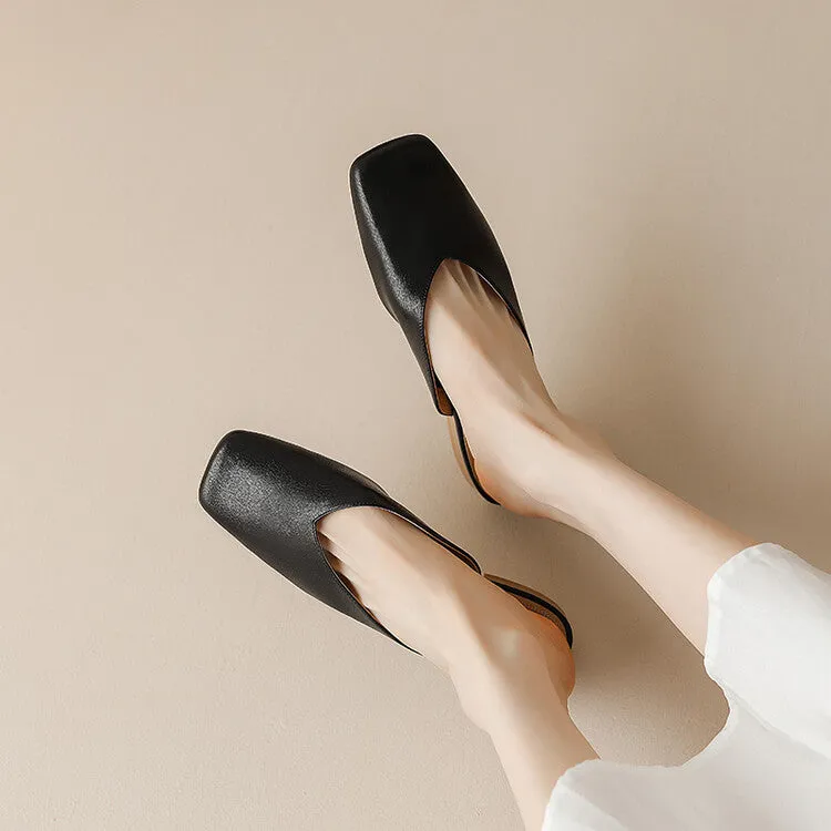 Khaki Black Square Toe V-Cut Soft Leather Mules #001105