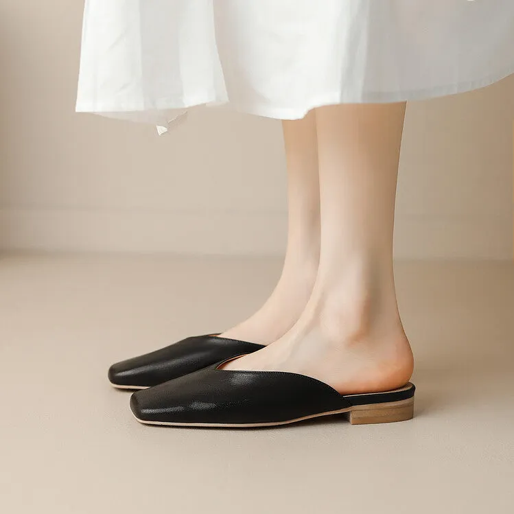 Khaki Black Square Toe V-Cut Soft Leather Mules #001105