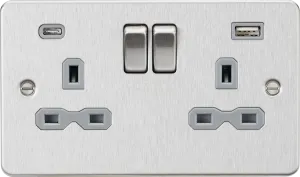 Knightsbridge FPR9940BCG Flat Plate 13A 2G SP Switched Socket   2xUSB A C (5V DC 4.0A Shared) - Brushed Chrome   Grey Insert
