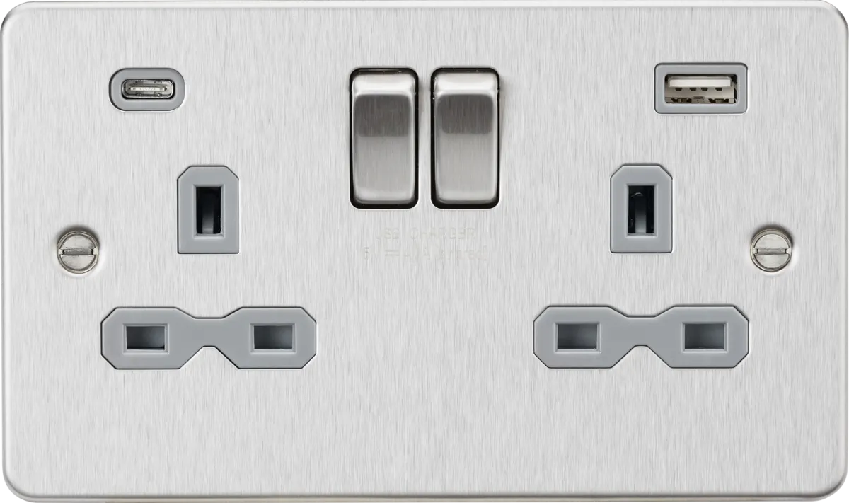Knightsbridge FPR9940BCG Flat Plate 13A 2G SP Switched Socket   2xUSB A C (5V DC 4.0A Shared) - Brushed Chrome   Grey Insert