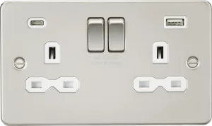 Knightsbridge FPR9940PLW Flat Plate 13A 2G SP Switched Socket   2xUSB A C (5V DC 4.0A Shared) - Pearl   White Insert