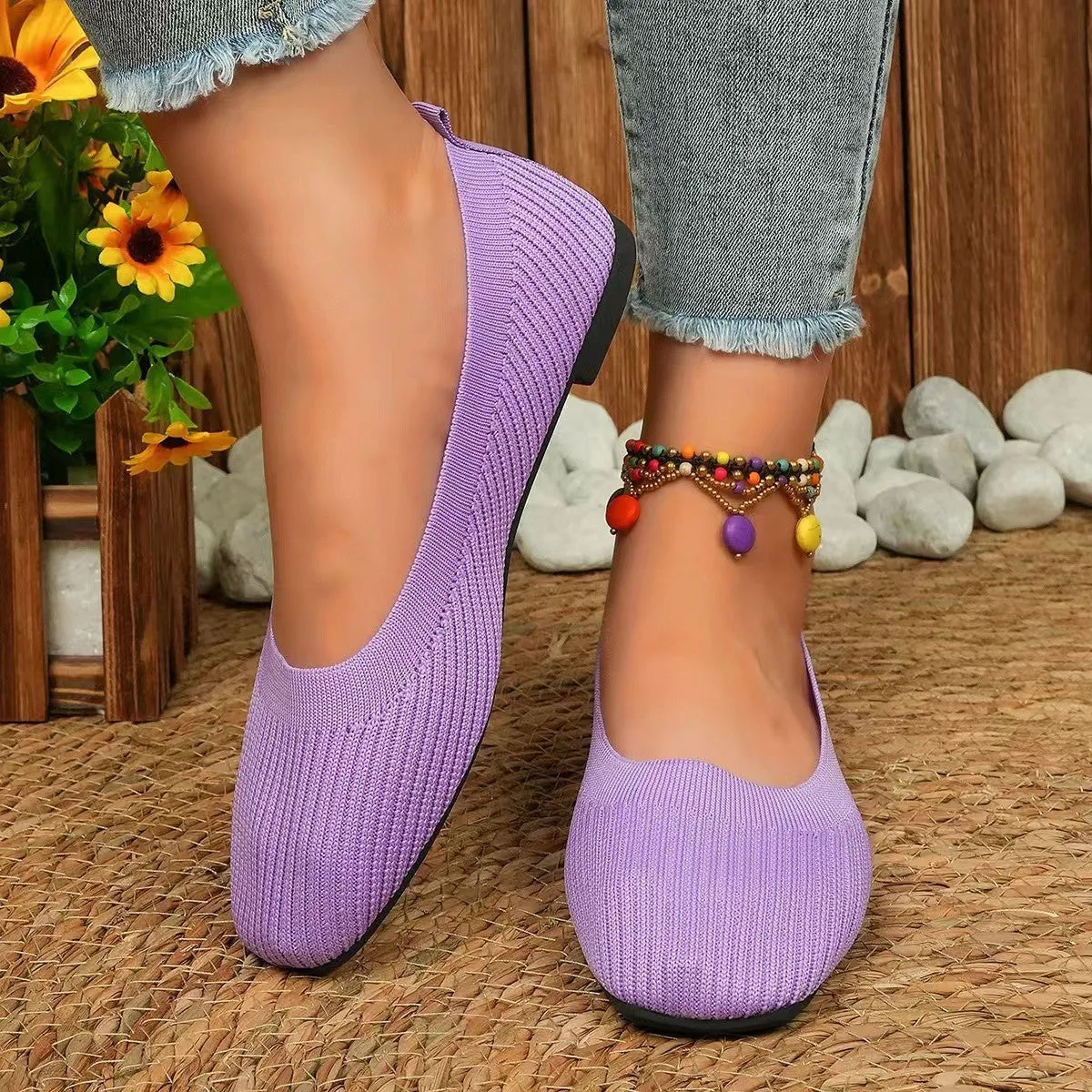 Knitted Square Toe Flat Slip-Ons