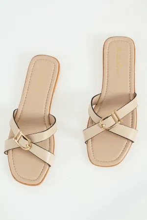 Ladies Cross Strap Buckled Mule Sandal - White