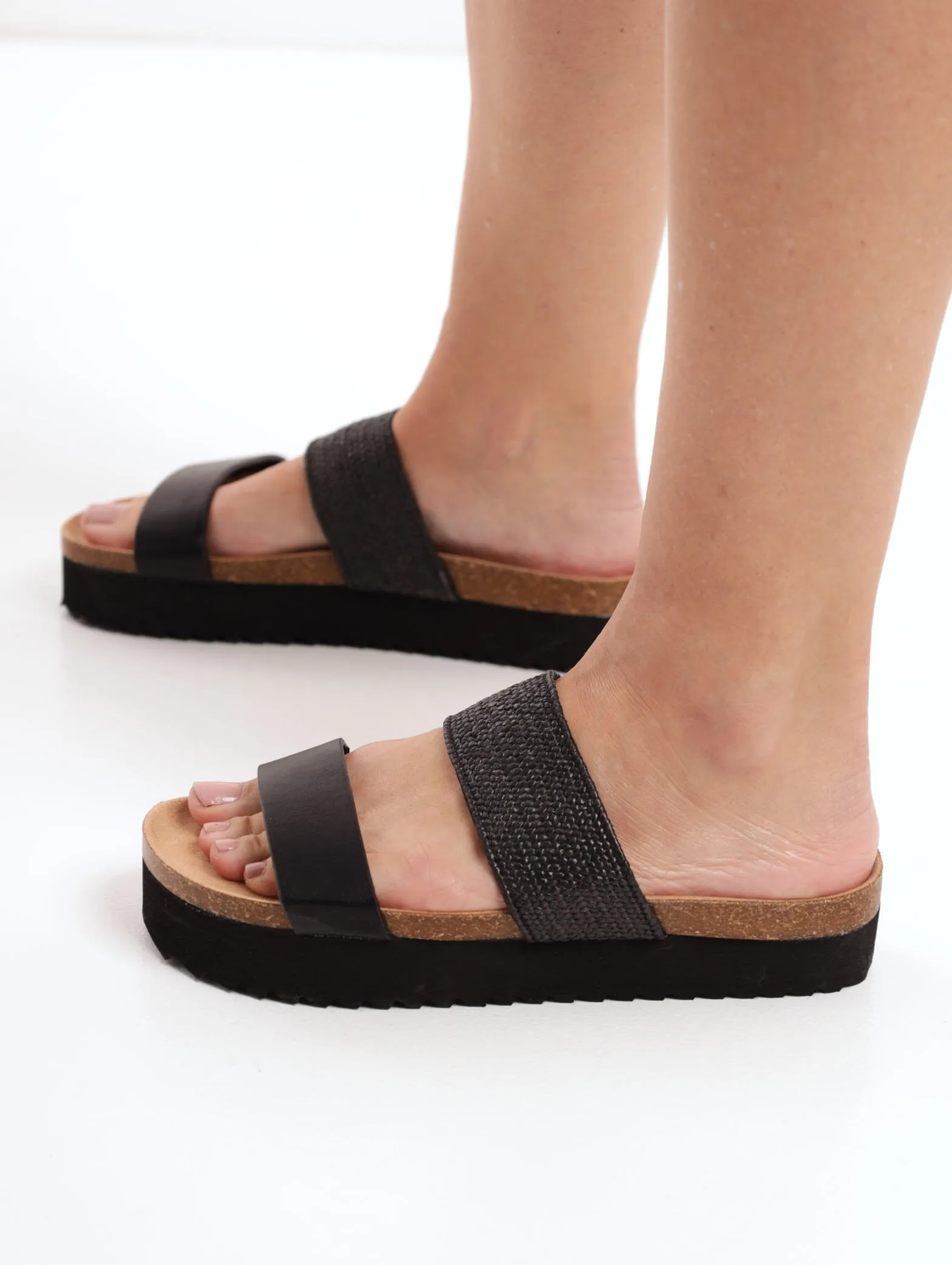 Ladies Cross-Weave And Padded Strap Platform Mule Sandal - Black