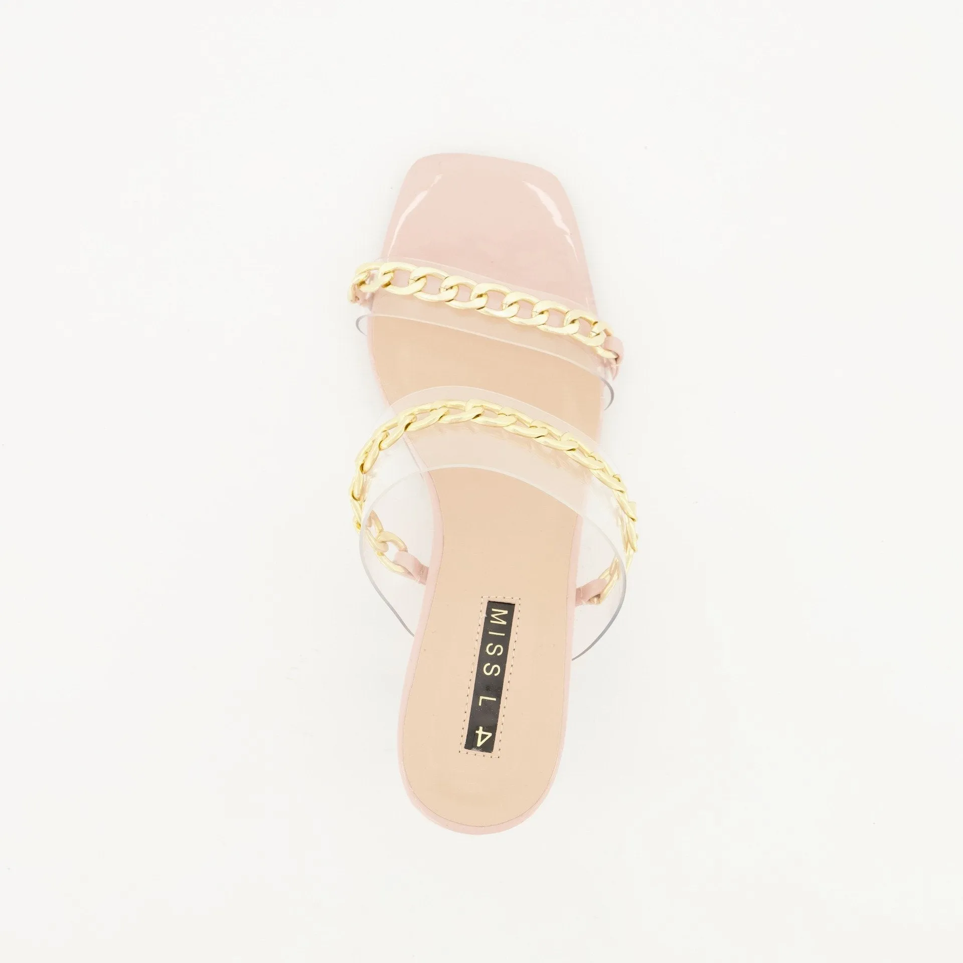 Ladies Square Toe Perspex Block Heel with Chain - Blush