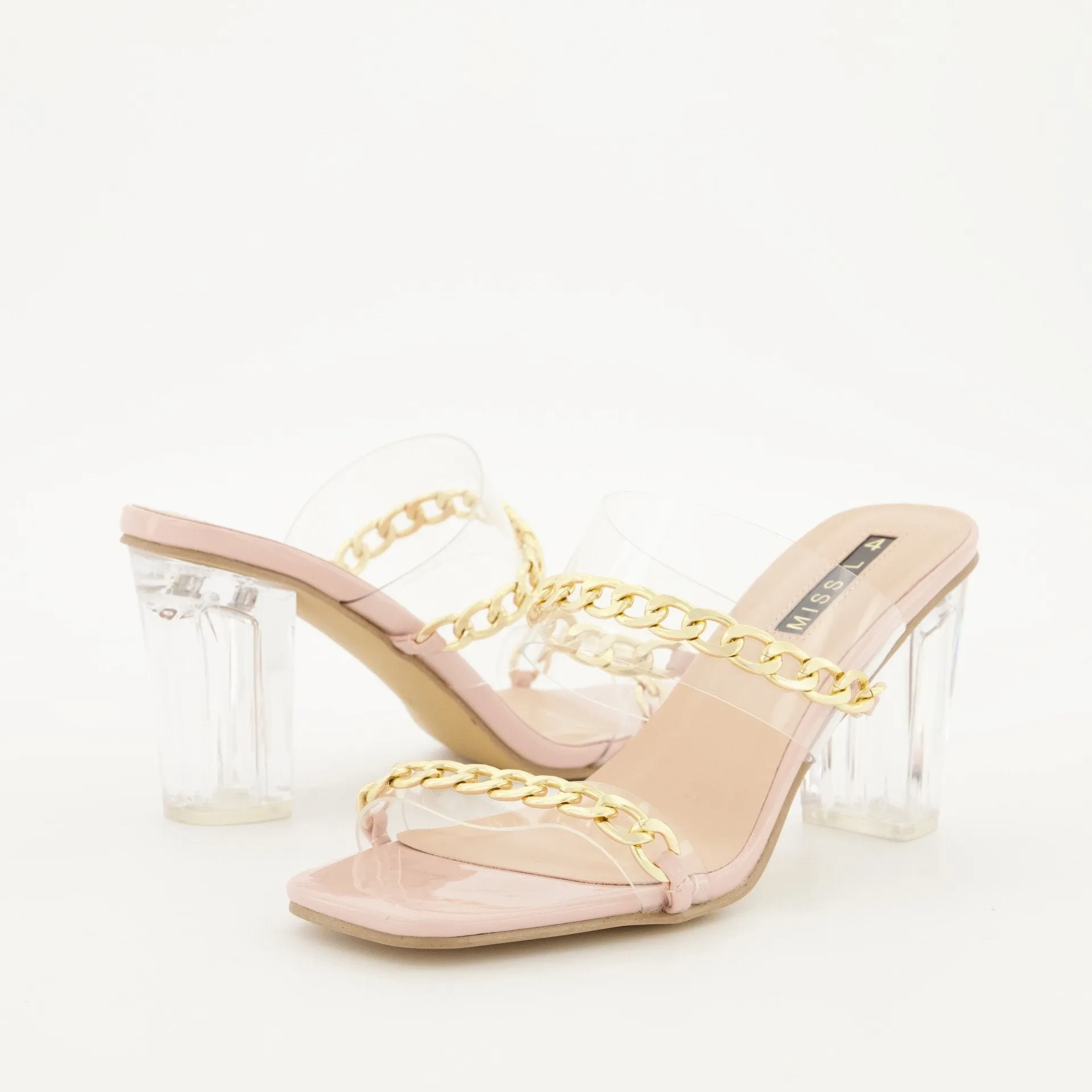 Ladies Square Toe Perspex Block Heel with Chain - Blush