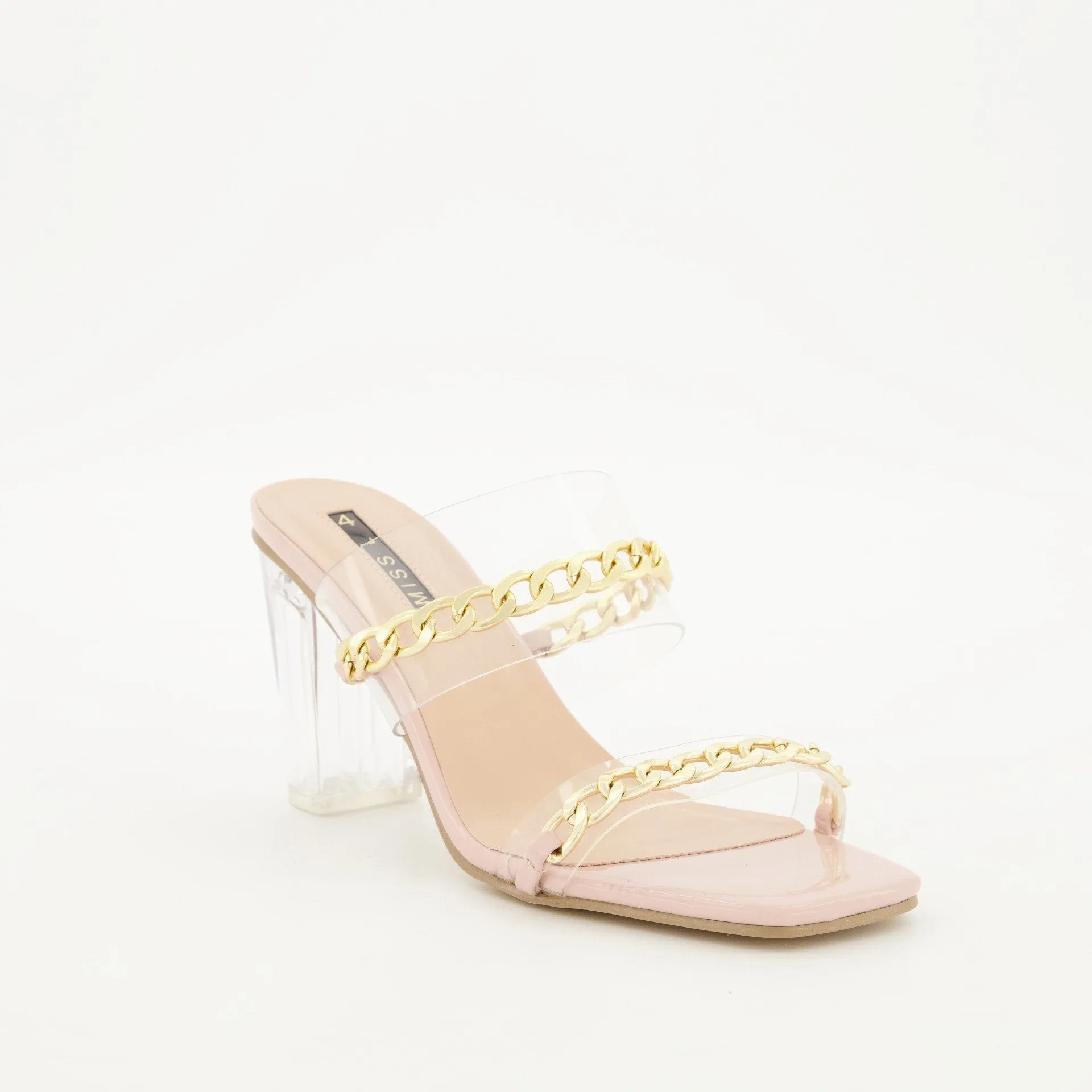 Ladies Square Toe Perspex Block Heel with Chain - Blush