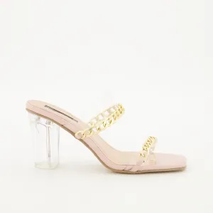 Ladies Square Toe Perspex Block Heel with Chain - Blush