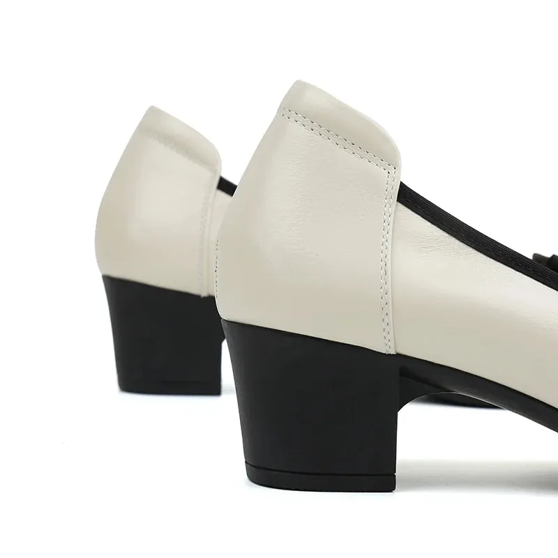 Large Size Medium Heels Women's Boat Shoes Block Heel Slip-on Pumps Comfortable Women's Shoe Mules Luxury White Leather Bow 4142