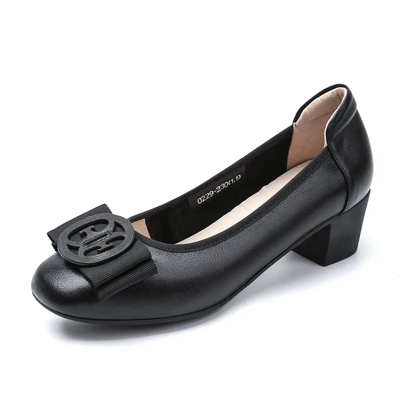 Large Size Medium Heels Women's Boat Shoes Block Heel Slip-on Pumps Comfortable Women's Shoe Mules Luxury White Leather Bow 4142