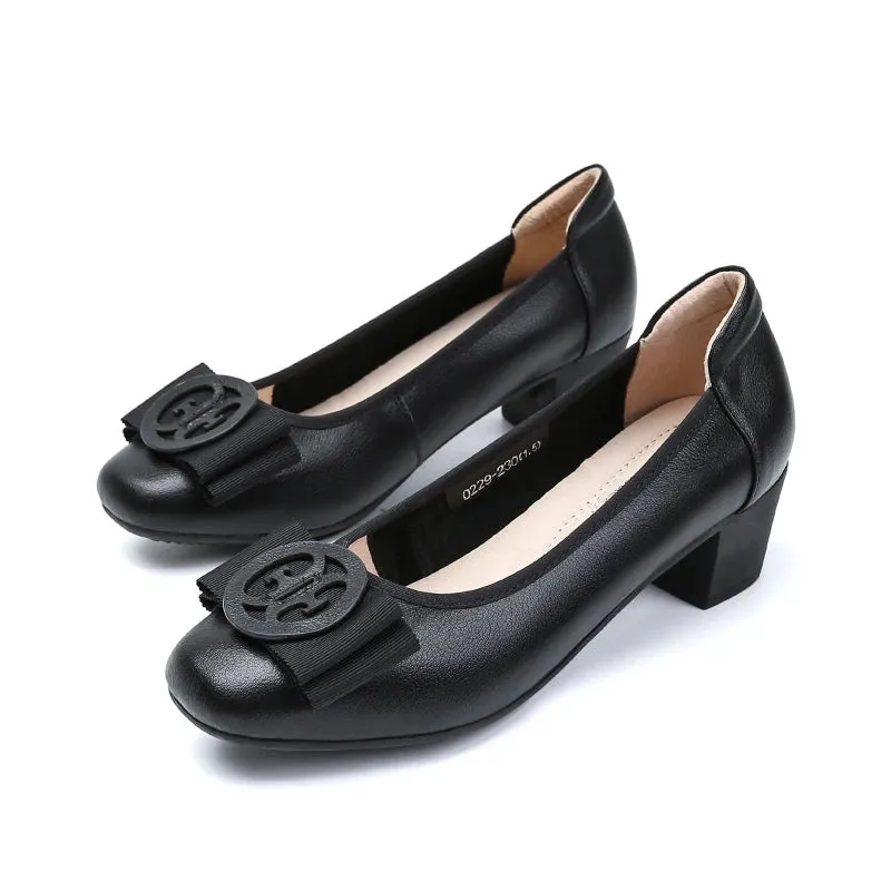 Large Size Medium Heels Women's Boat Shoes Block Heel Slip-on Pumps Comfortable Women's Shoe Mules Luxury White Leather Bow 4142