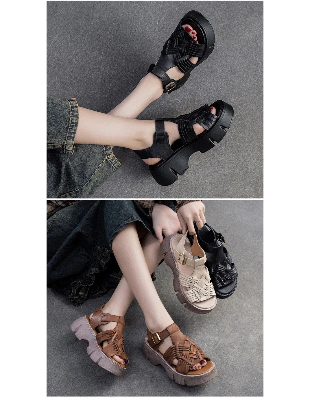 Leather Braid Open Toe Platform Sandals Slingback