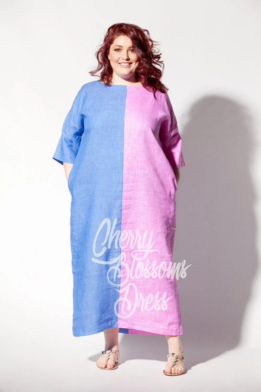 Linen Kaftan Dress, Colorblock Dress, Plus Size Linen, Boho Clothing, Summer Linen Dress, Oversize Dress, Pocket Dress, Loose Linen Dress
