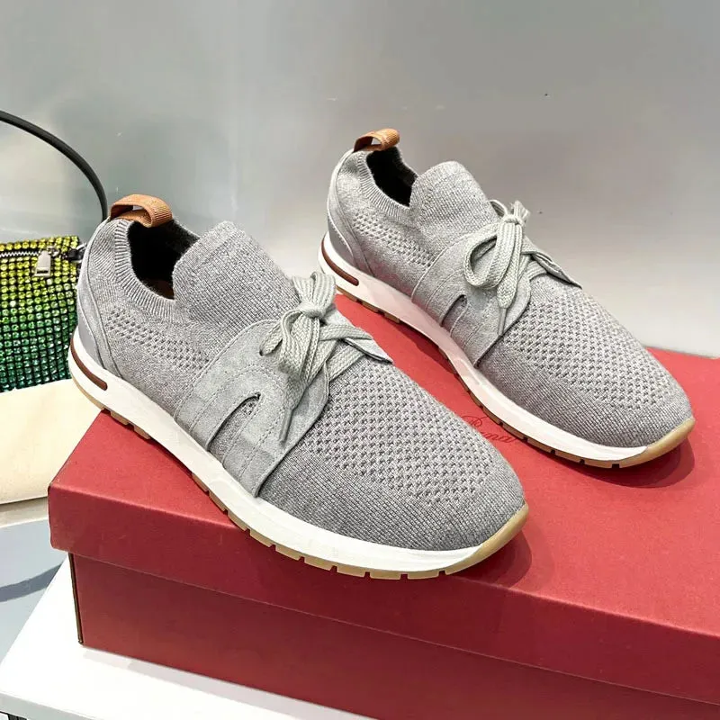 Loro*p23 Summer New Wool Sports Shoes Lace-up Knitted Breathable Casual Thick Bottom Couple Style Flats